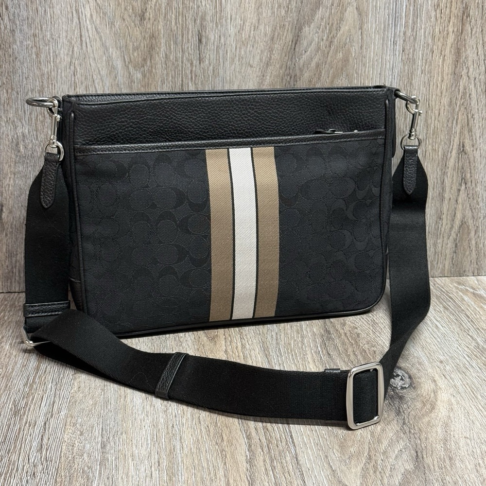 COACH Thompson Crossbody Black Leather  Signature Jacquard Varsity Stripe C5291